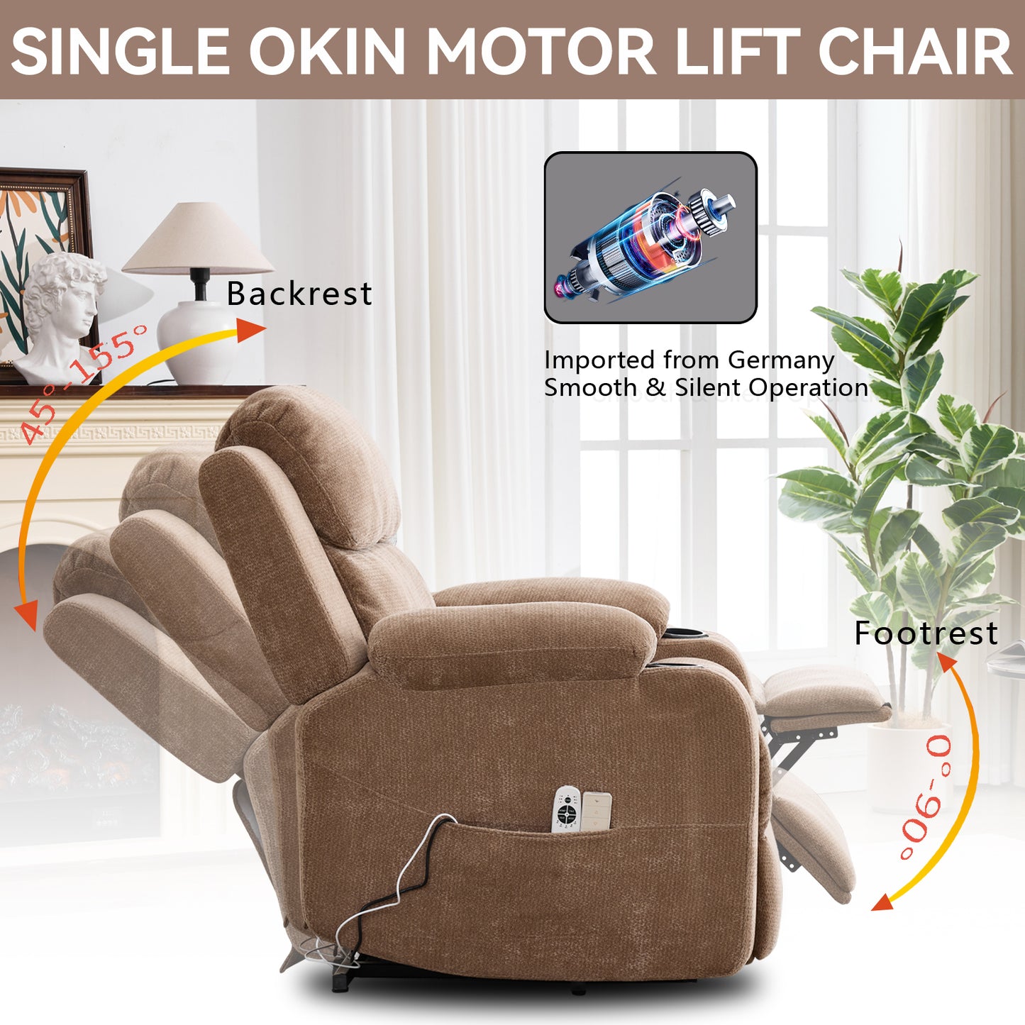 Up To 350 LBS Chenille Power Lift Recliner Chair, Heavy Duty Motion Mechanism With 8-Point Vibration Massage And Lumbar Heating, Stainless Steel Cup Holders, Brown