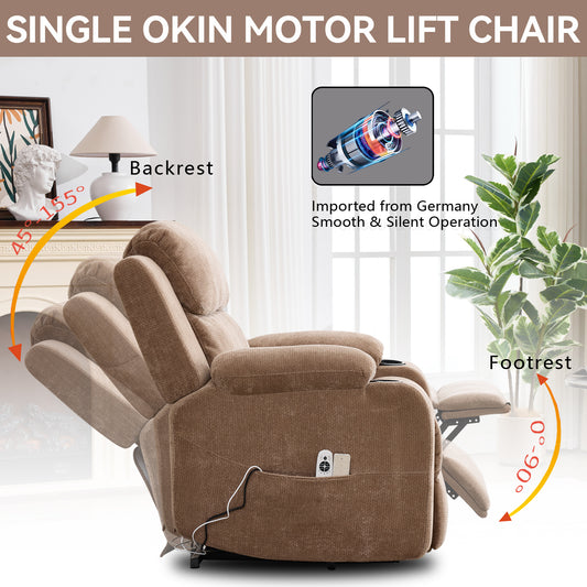 Up To 350 LBS Chenille Power Lift Recliner Chair, Heavy Duty Motion Mechanism With 8-Point Vibration Massage And Lumbar Heating, Stainless Steel Cup Holders, Brown