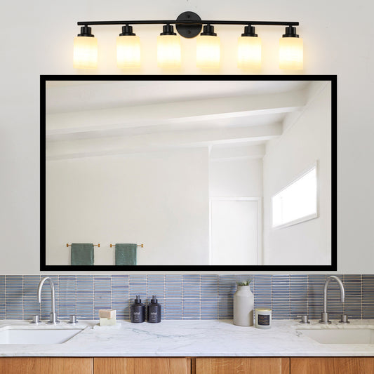 39 Modern 6-Light Vanity Bathroom Mirror Light, Frosted White Glass With Black Iron Frame, Contemporary Wall Sconce For Bedroom, Bathroom, And Dressing Room  No Bulbs