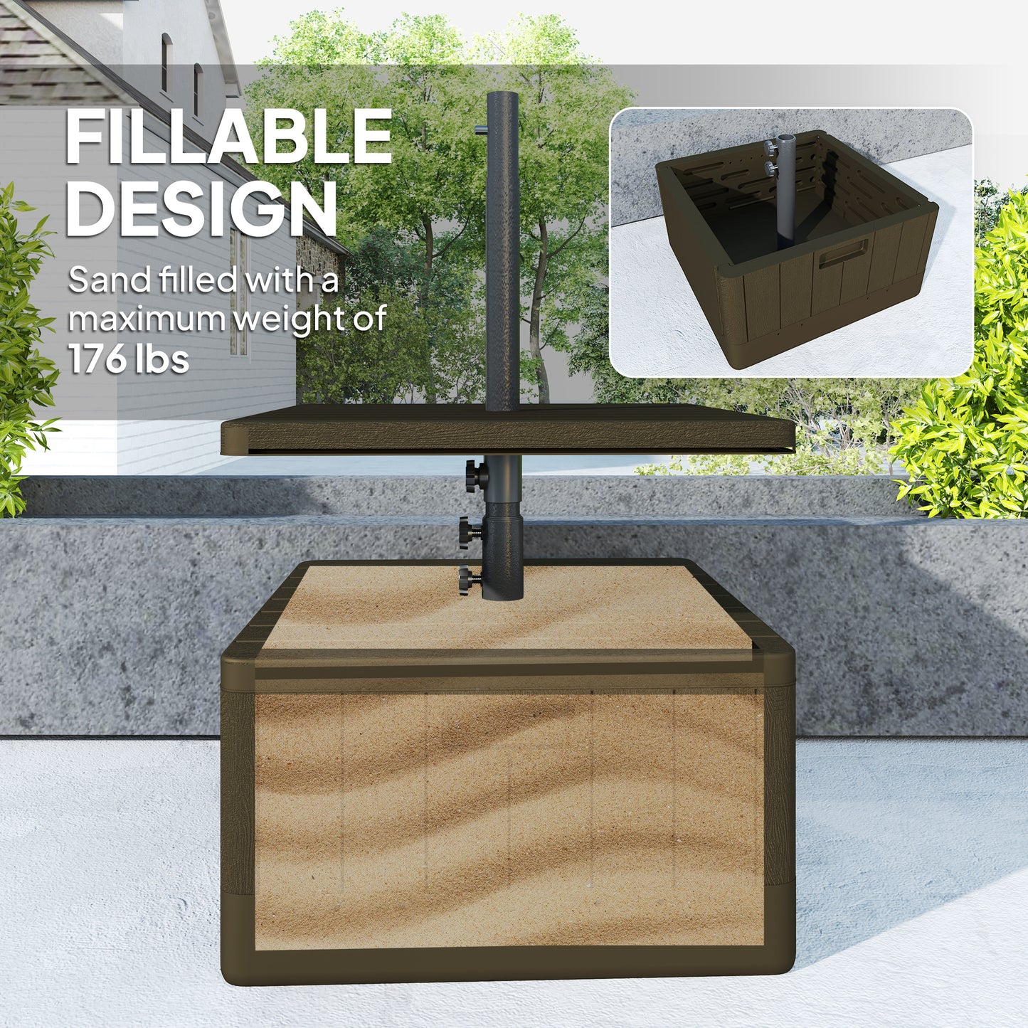 3-in-1 Outdoor Umbrella Base With Table Tray, Coffee End Table, Planter Box With Drain Hole, 175 Lbs. Capacity Heavy Duty Fillable Patio Umbrella Stand Table With Wheels And Handles, Brown