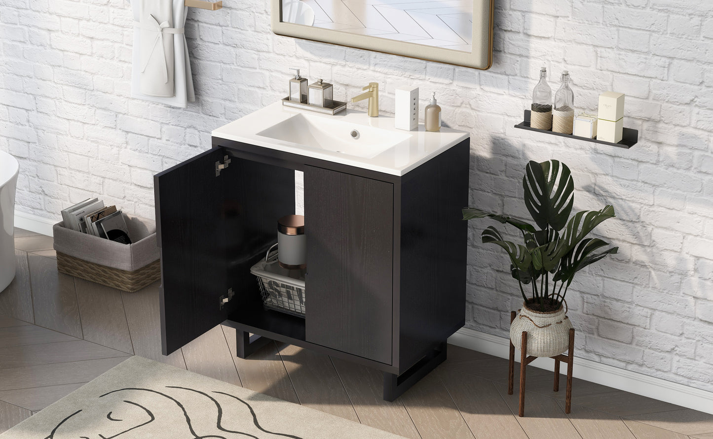 30  Bathroom Vanity Set With Sink, Combo Cabinet, Bathroom Storage Cabinet, Solid Wood Legs The Same With SV000008AAB-1