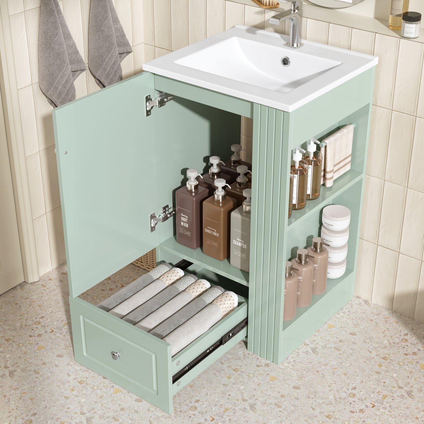 20  Freestanding Bathroom Vanity With Ceramic Sink, Single Faucet Hole, MDF Storage Cabinet With Soft-Close Drawer, Open Side Shelves With Pinewood Towel Bar, Modern Small Bathroom Vanity For Compact