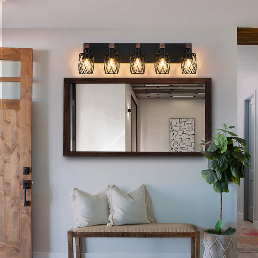 31  Industrial Vintage 5-Light Wall Sconce - Black Cage Wall Lighting Fixture With Wooden Accents For Bathroom, Hallway, Or Living Room Bulb Not Included