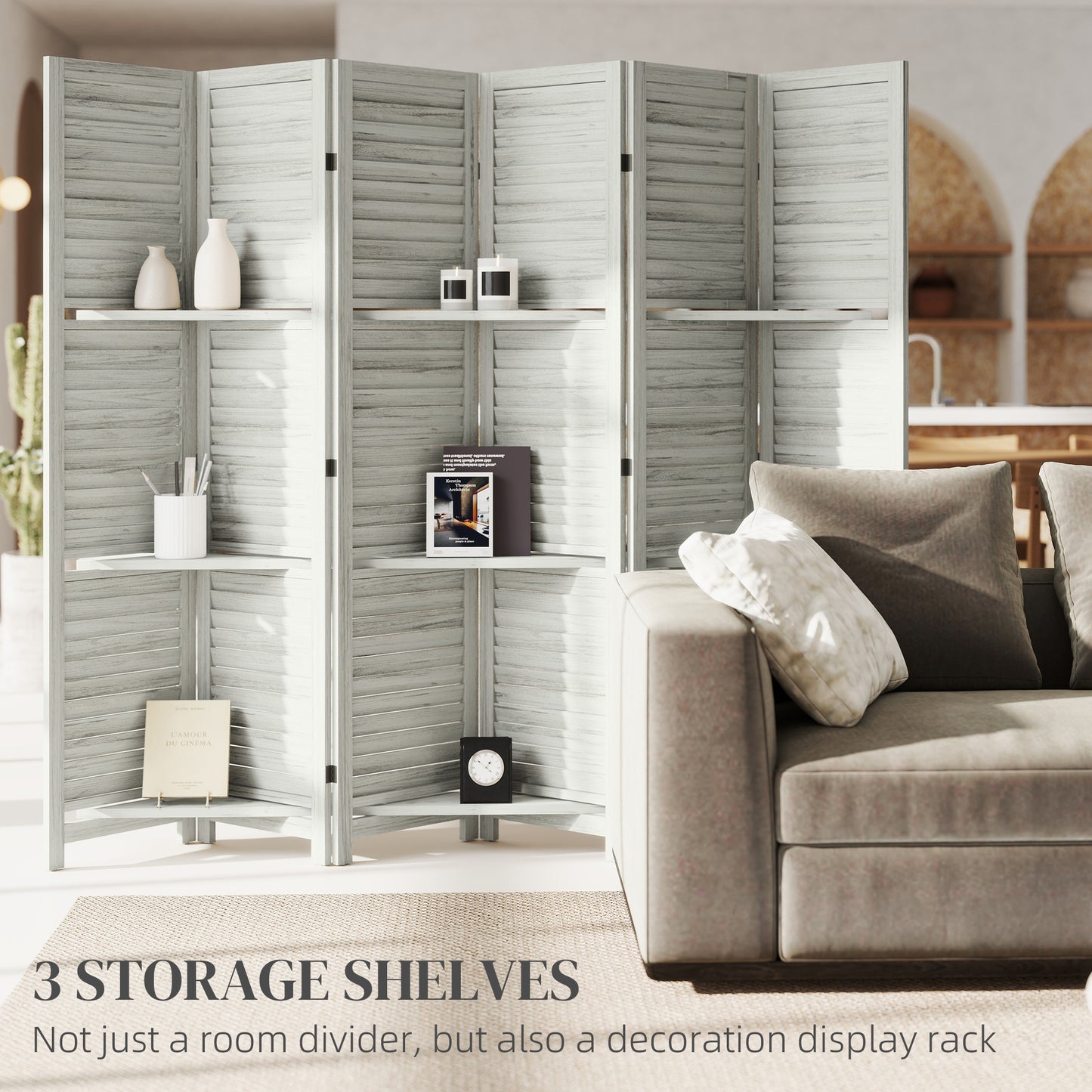 6 Panel 67" Tall Wood Privacy Screen Room Divider With 3 Shelves And Folding Storage For Bedroom, White