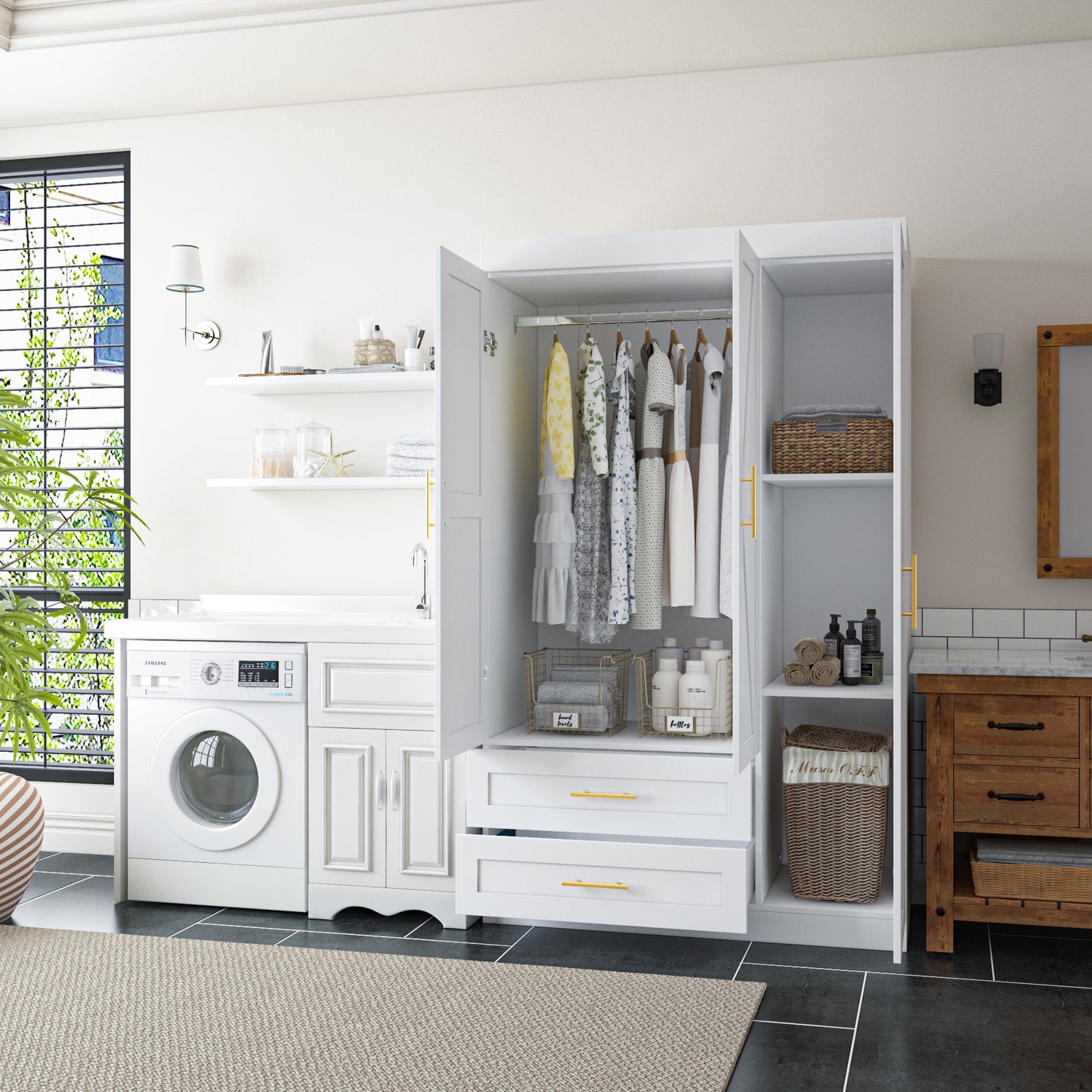 Shaker Style Classic Three-Door Wardrobe, Wood Bedroom Armoire With Hanging Rod And Shelves, Spacious Storage Closet, Modern Farmhouse Design