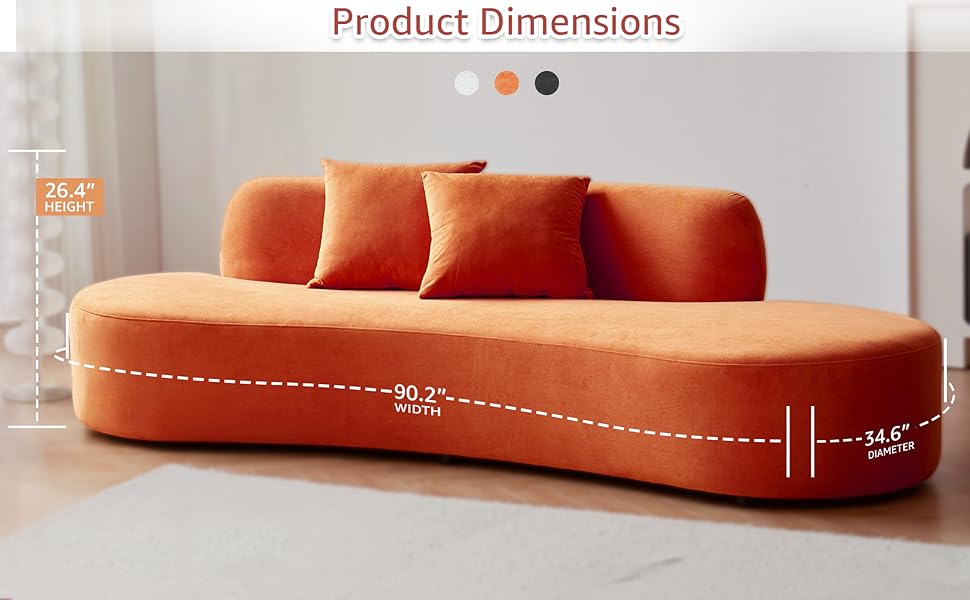 90   Curved Sofa With Throw Pillows, 4 Seater Luxury Velvet Couch With Half Moon Design And High-Density Foam, Ideal For Modern Living Room, Office & Apartment, Red Orange