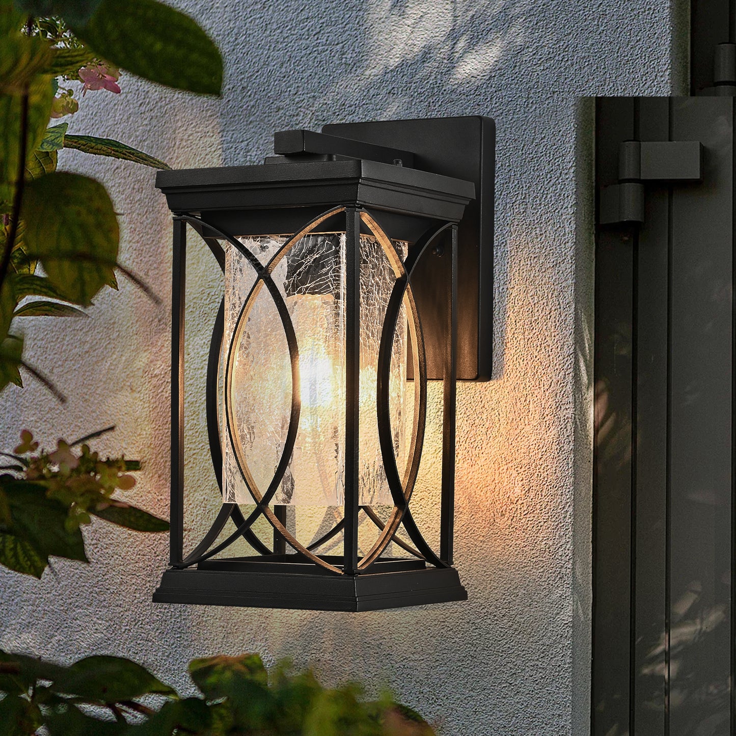 14 H 1-pack Black Outdoor Wall Lantern With Crackled Glass, Weather-Resistant Exterior Light Fixture For Porch, Patio, And Entryway, Modern Decorative Wall Sconce With E26 Base Bulb Not Included