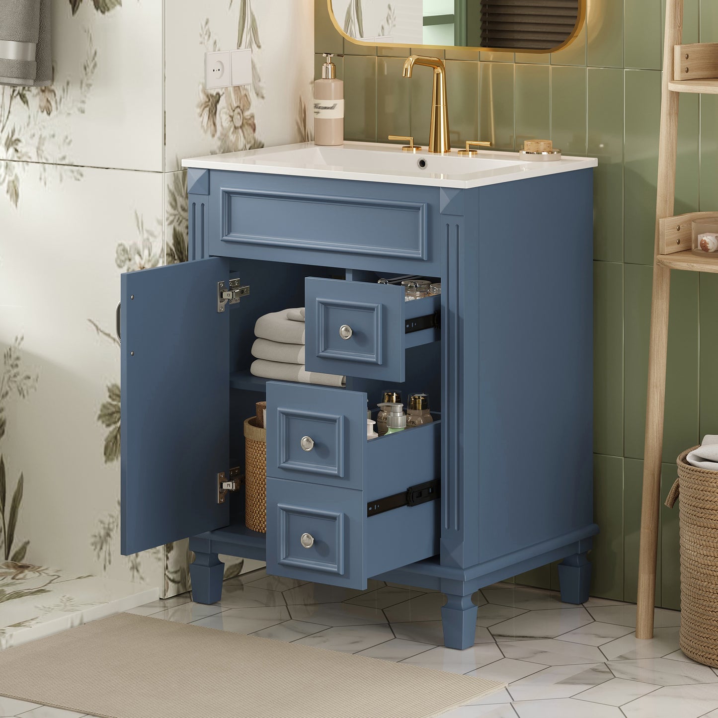 24   Bathroom Vanity With Ceramic Sink, Small Bathroom Sink Cabinet, Modern Cabinet With 2 Drawers And Adjustable Shelf