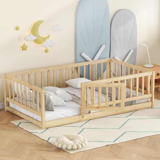 Twin Size Floor Bed With Slats, Montessori Floor Bed With Fence And Door, Kids Montessori Bed Twin Size, Wood Montessori Floor Bed For Kids, Girls, Boys,Oak.
