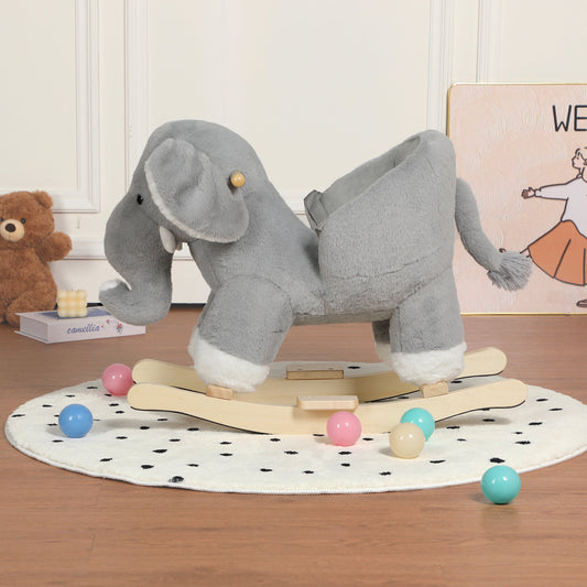Kids Ride-On Rocking Horse Toy With Elephant Sounds ,Elephant Rocking Toy With Hand Puppets And Safety Belt For Children 1-3 Years,Soft Plush Fabric,Grey,CPC Certified