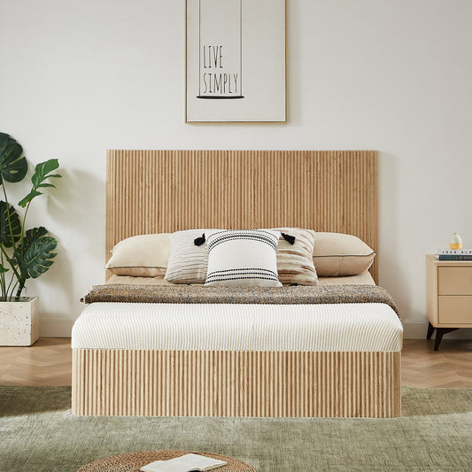 Queen Size Lift Up Storage Bed Frame, Wooden Corrugated Curved Lines, Hydraulic Storage No Box Spring Needed, Oak.