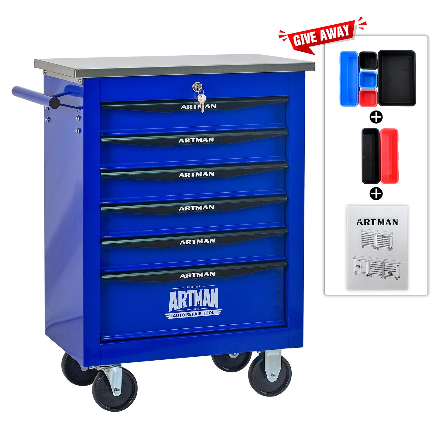 6 Drawers Multifunctional Tool Cart With Wheels,Metal Rolling Tool Cart Storage For Garage Workshop Warehouse Repair Shop--With Stainless Steel Roof- BLACK&BLUE