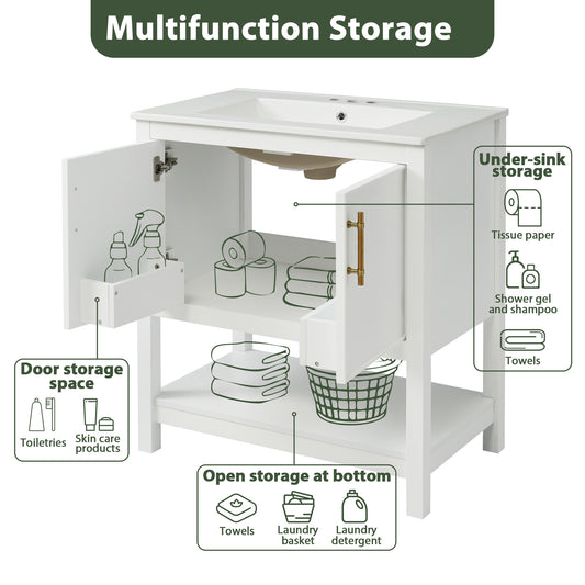 30-Inch White Bathroom Vanity With Ceramic Sink And Versatile Storage - Ideal For Small Bathrooms
