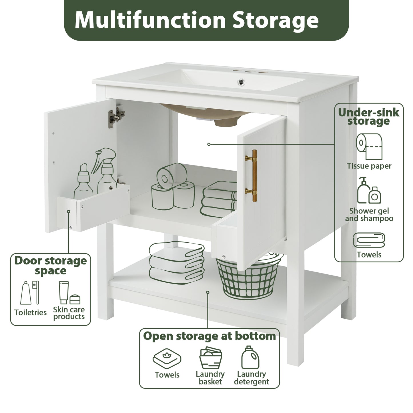 30-Inch White Bathroom Vanity With Ceramic Sink And Versatile Storage - Ideal For Small Bathrooms