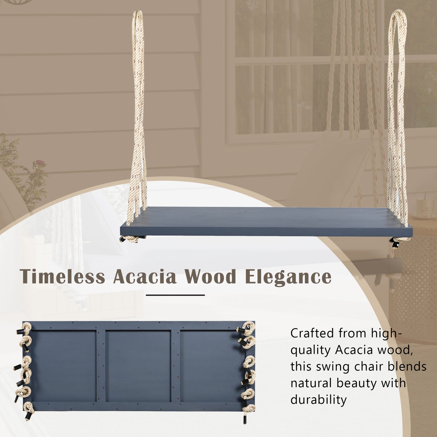 TOPMAx Patio Wooden Swing Chair  Hanging Porch Swing Bench With Cushion&Pillows  10.8Ft Hemp Ropes For Garden  Lawn Gray