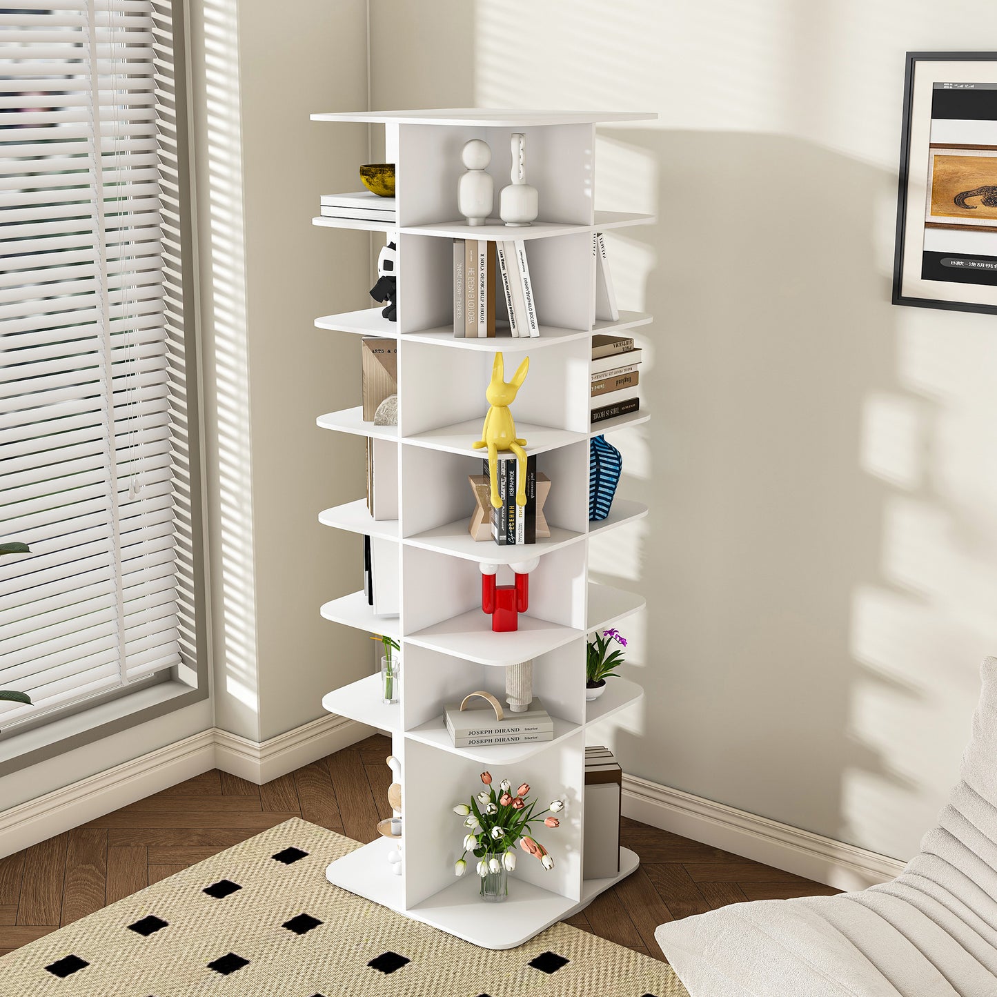 Rotating Shoe Rack Tower, 7-Tier Spinning Shoe Rack, Free Standing 360 Revolving Shoe Organizer, High Bottom Design Shoe Tower Spinning Storage Lazy Susany, Fits 28 Pairs Of Shoes  7-Tier White