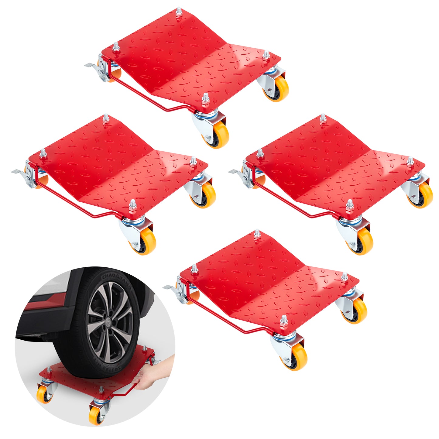 5500 Lbs Tire Wheel Dolly Car Set Of 4, Heavy Duty Robust & Durable Steel Car Mover With Antiskid Plate & 360 Degree Rotatable Wheel,Red