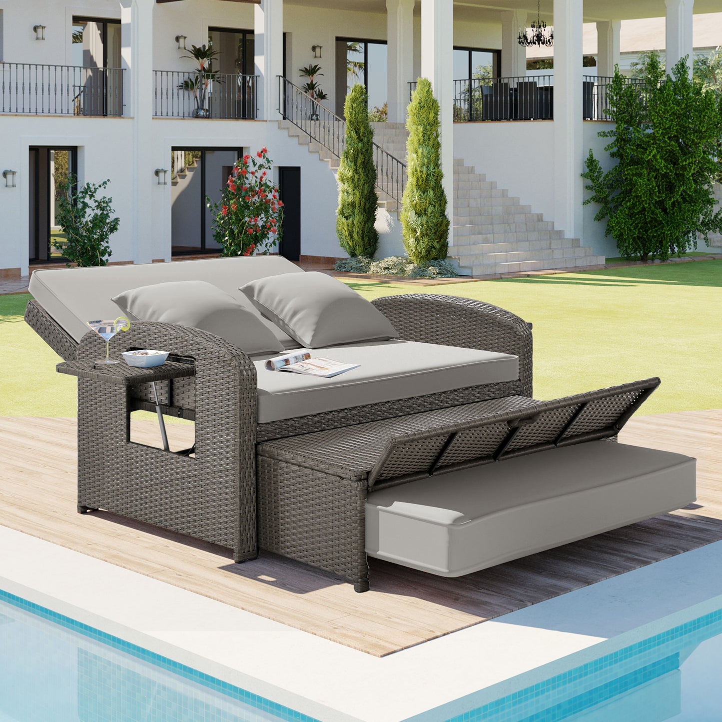 TOPMAX PE Wicker Rattan Double Chaise Lounge, 2-Person Reclining Daybed With Adjustable Back And Cushions, Free Furniture Protection Cover,Gray