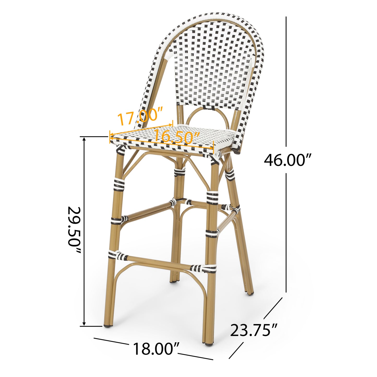 29.5 Outdoor PE Rattan French Barstool, White And Black, Aluminum Frame With Bamboo Finish Set Of 2