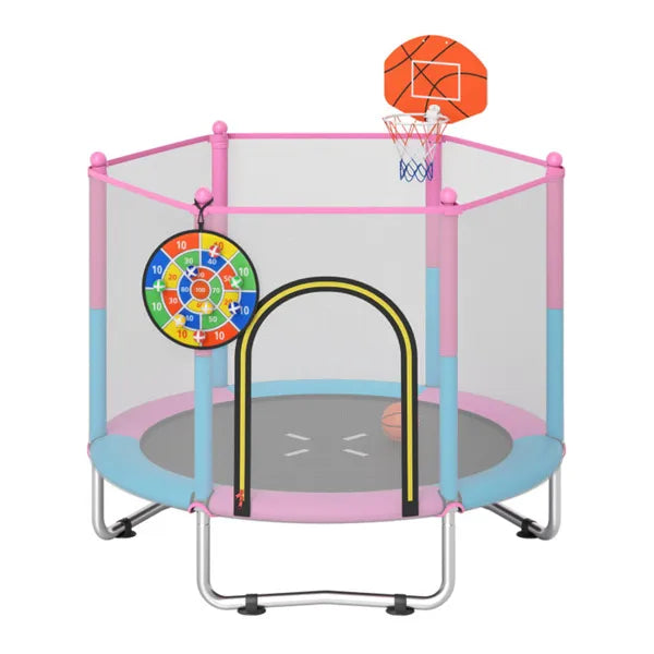 3-in-1 Kids Trampoline 60" With Basketball Hoop & Dartboard, Gap-Free Jumping Mat Toddler Trampoline For Ages 3-6