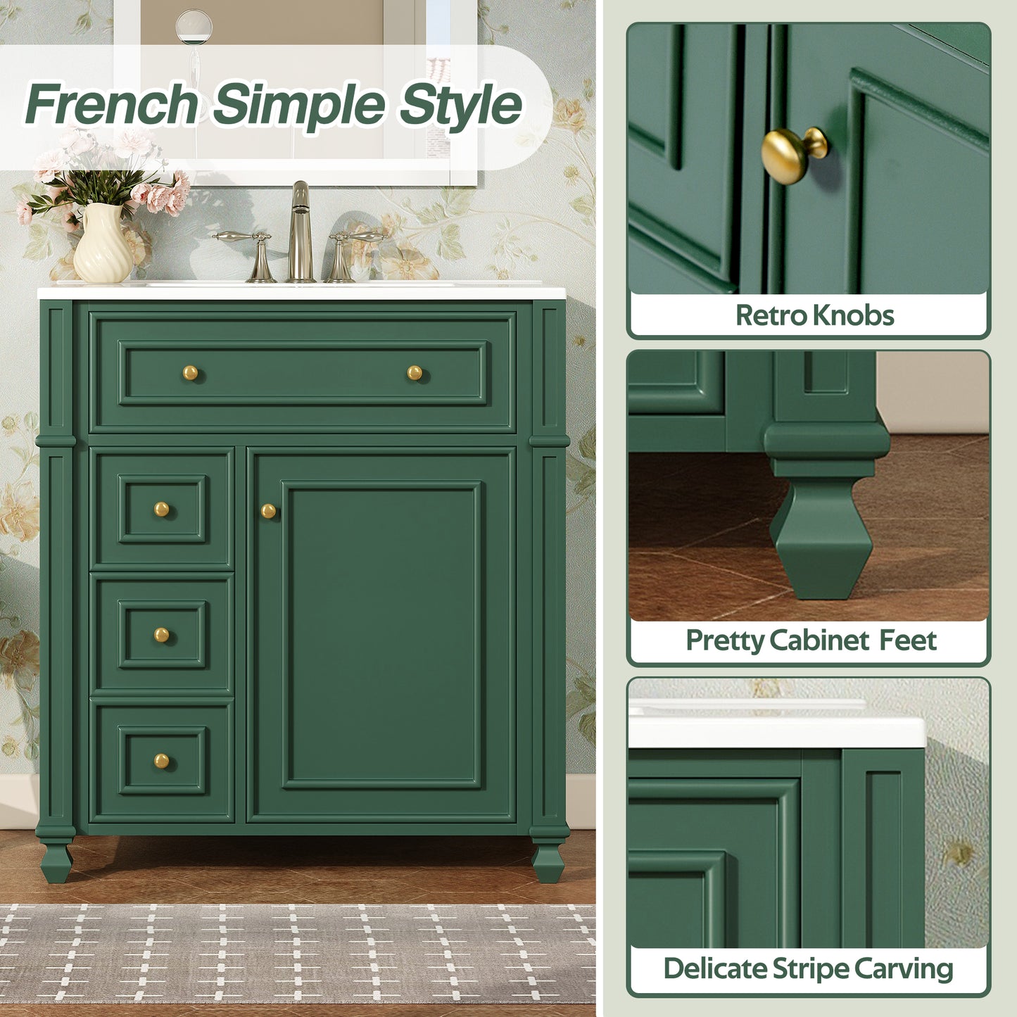 Bathroom Vanity Cabinet With Ceramic Sink Basin, 30 Inch, Storage Cabinet With Soft Close Doors And Door Organizer