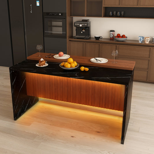63  Modern Kitchen Island With Marble-Look Surface, LED Lights & Grille Design For Dining Room, Living Room, Black Island Only