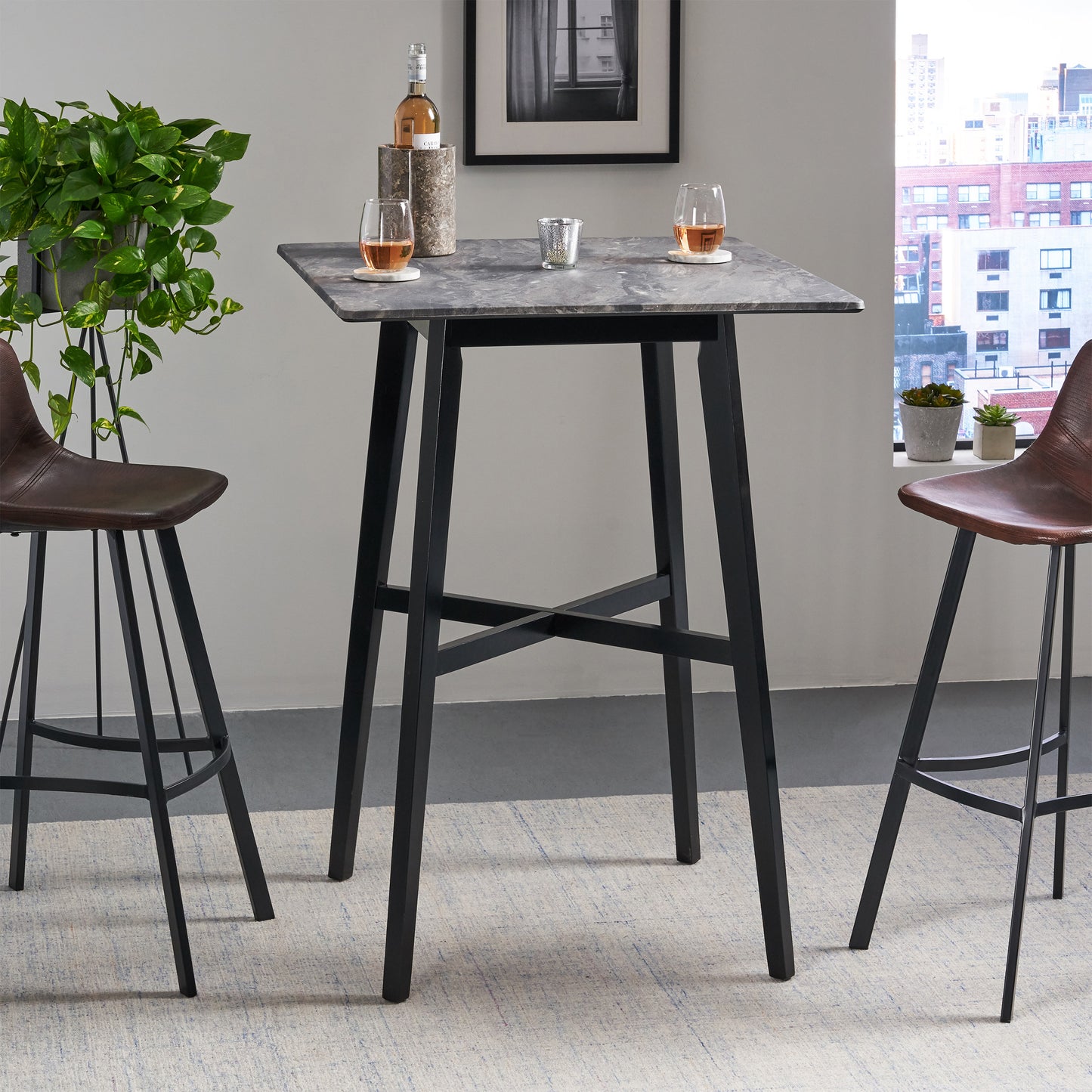 Modern Bar Height 42 Dining Table, Rubberwood Legs And Laminate Table Top, Paladina Marble Finish, Black