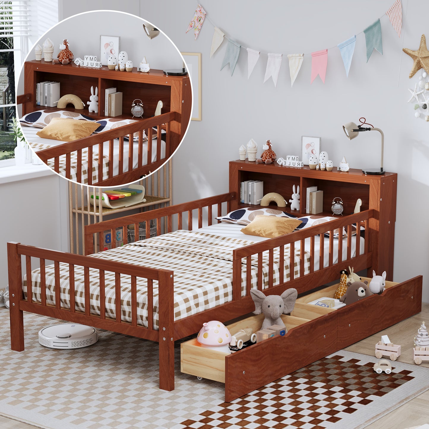 Twin Size Bed With Headboard Storage Rack, Two Under-Bed Drawers, Three-Side Guardrails For Safety And Security,Walnut
