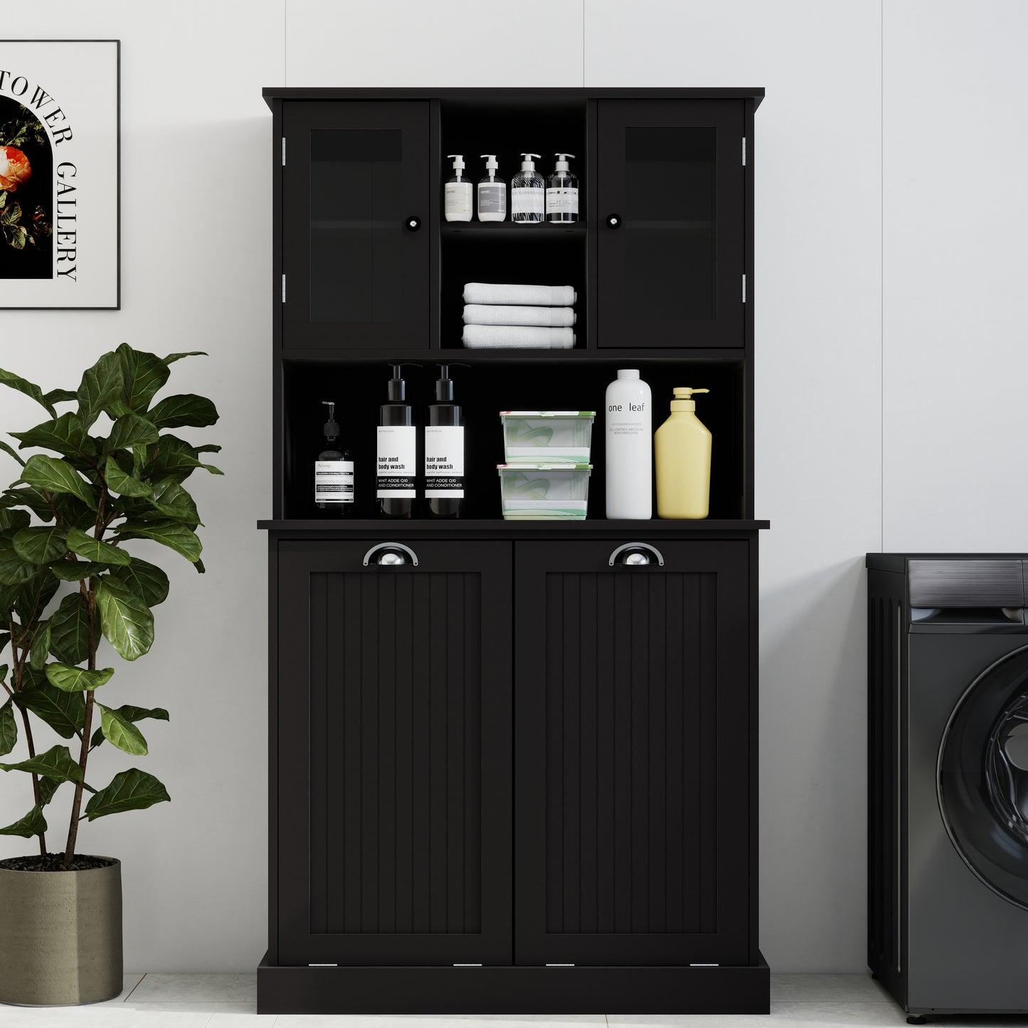 Two-Compartment Tilt-Out Dirty Laundry Basket Tall Bathroom Cabinet With 2 Adjustable Shelves-Black
