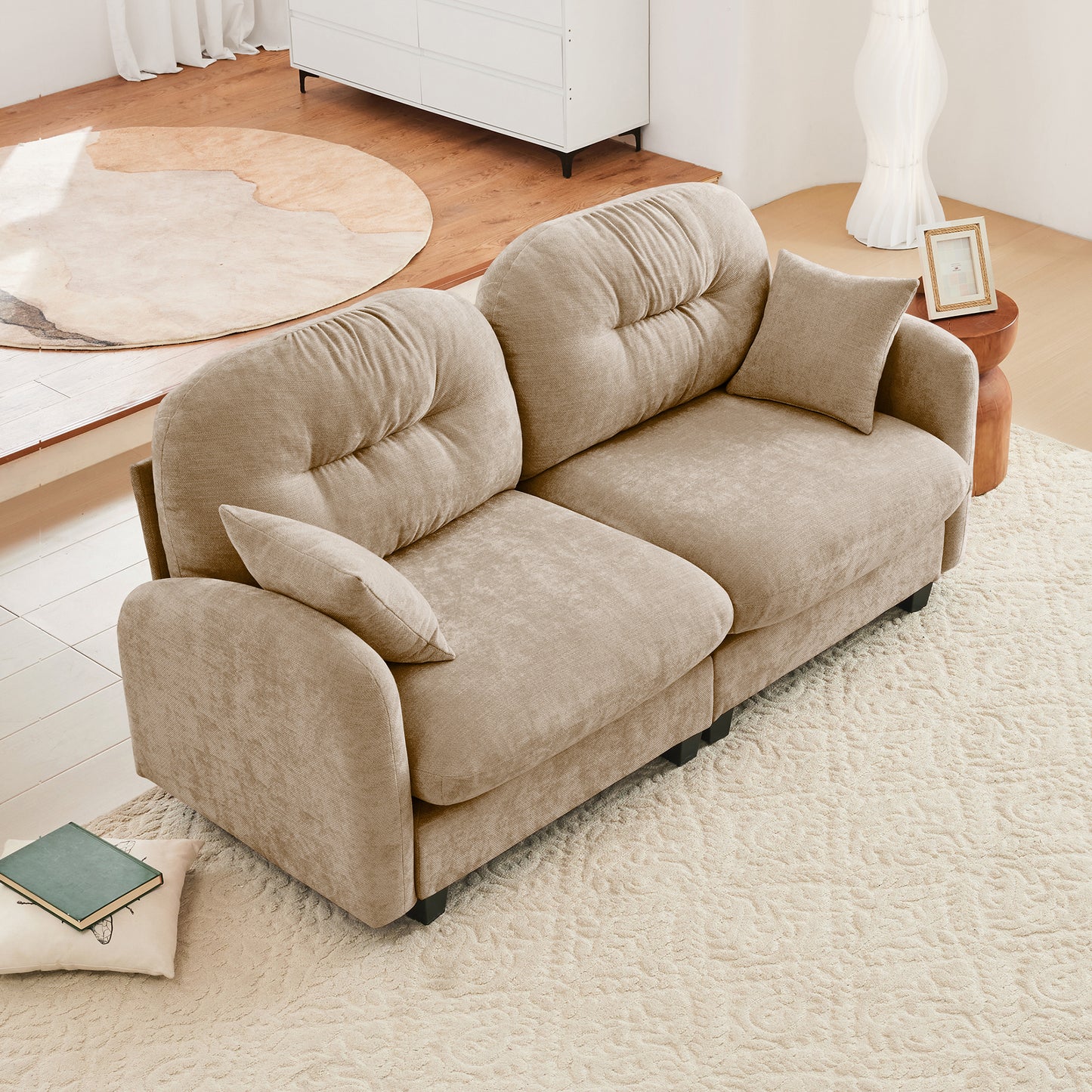 Loveseat Cloud Sectional Couches Chenille Fabric,Quilted Pleated Design, Ergonomic Design,High-Density Foam Easy Install Elegant Armrests High Quality Wooden Base,Fits Living Rooms,Camel