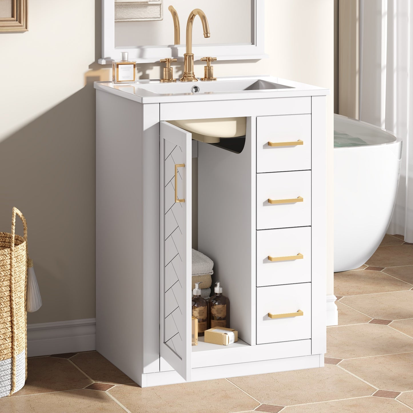 24   Bathroom Vanity With Integrated Ceramic Sink, Bathroom Cabinet With 1 Door, 3 Drawers, Single Sink Bathroom Vanity For Small And Medium Restroom, White