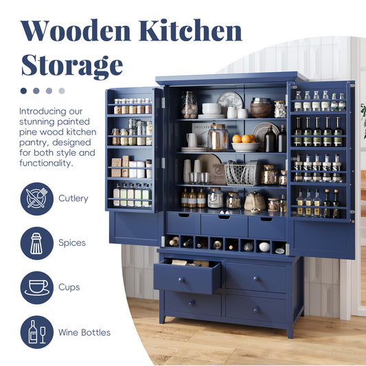 Assembly&Show Video Available  TOPMAx Freestanding Large Kitchen Pantry Wooden Kitchen Storage Cabinet Cupboard With 8 Door Shelves 3 Adjustable Shelves 7 Drawers& 8 Wine Racks  Blue