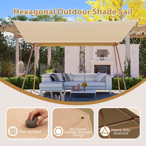 Hexagonal Shade Sail Canopy, Large 206in X118in UV Block Sun Shade With UPF 50-, Waterproof High-Density Polyester Fabric, Brown Rust-Resistant Poles & Built-in Hooks For Patio  -Light Khaki