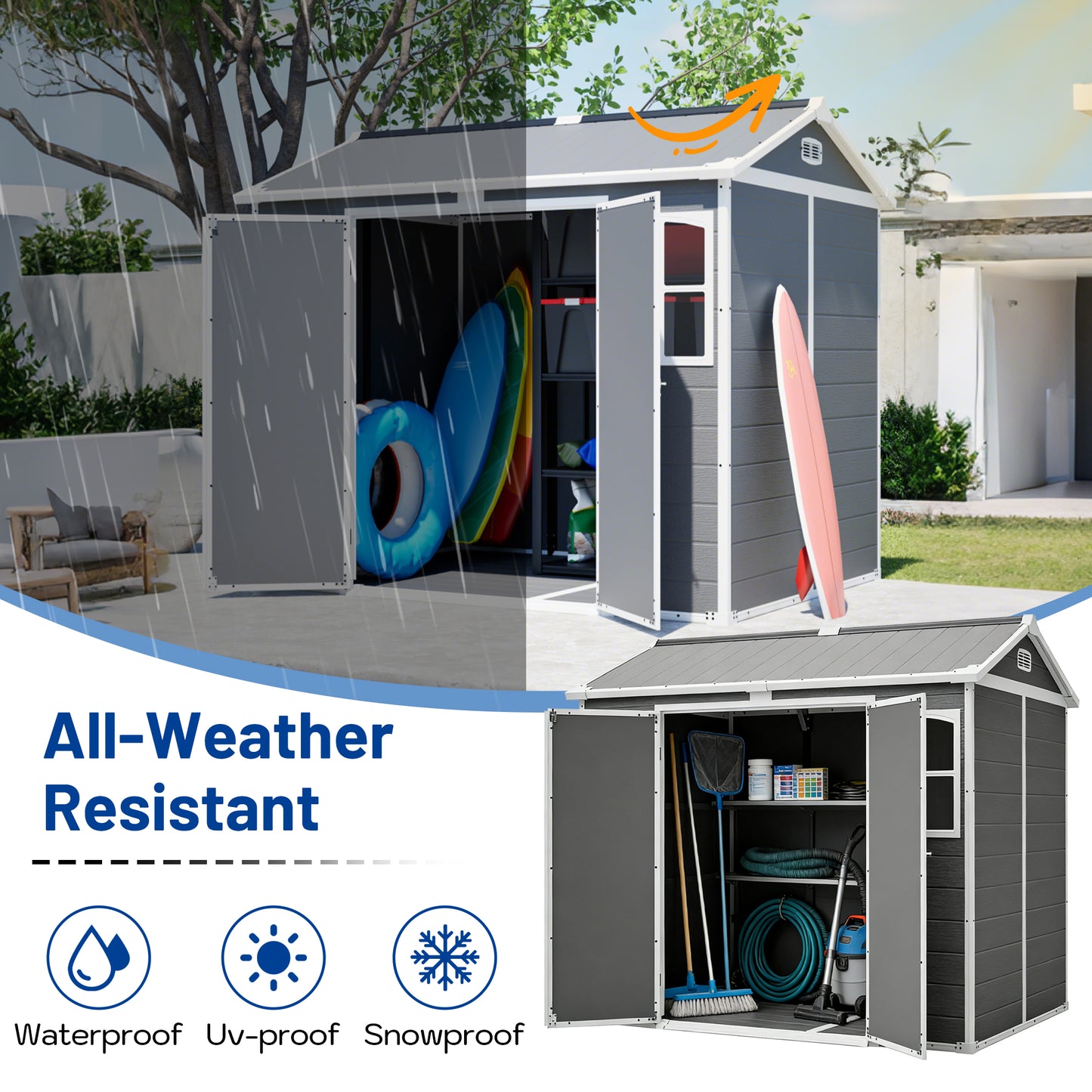 Plastic Utility Shed 8x6 Ft With Floor  Lockable Storage Shed For Garden Tools & Trash Bins, All-Weather Outdoor Organizer In Gray-White