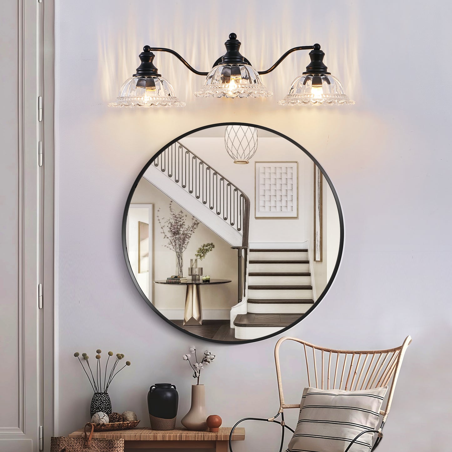 24 Inch 3-Light Vintage Bathroom Wall Sconce Elegant Black Metal And Glass Lampshade Vanity Light Fixture For Bathroom, Hallway, Or Bedroom Bulb Not Included