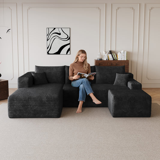 95  Cloud Sectional Sofa With 1 Ottoman,Modern Minimalist Upholstered Couches, Comfort U Shaped Sofa For Living Room,Deep Seat Corner Couch,No Assembly Required,Black  Plush Corduroy Fabric