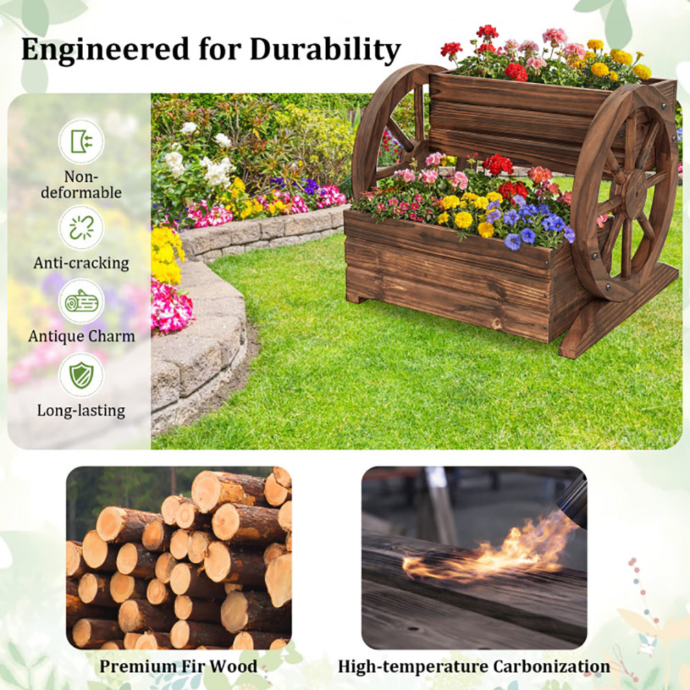 2-Tier Raised Garden Bed Rustic Wood Wagon Shape With Drainage Holes And Wheels For Growing Flowers Or Displaying Potted Plants