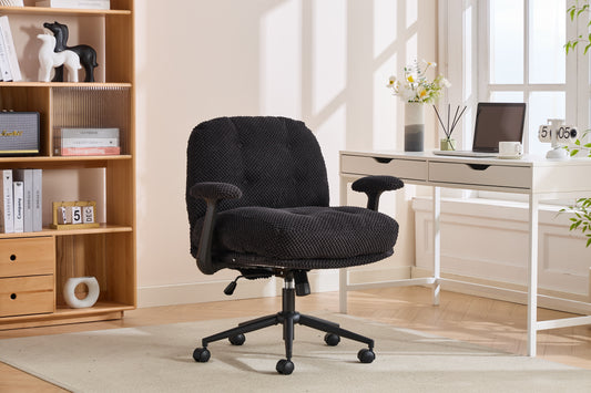 Cross Legged Office Chair With Flip-Up Arms, Adjustable Height Swivel Desk Chair, Wider & Thickened Cushion Ergonomic Rolling Chair For Home Office, Vanity, Study,Black.