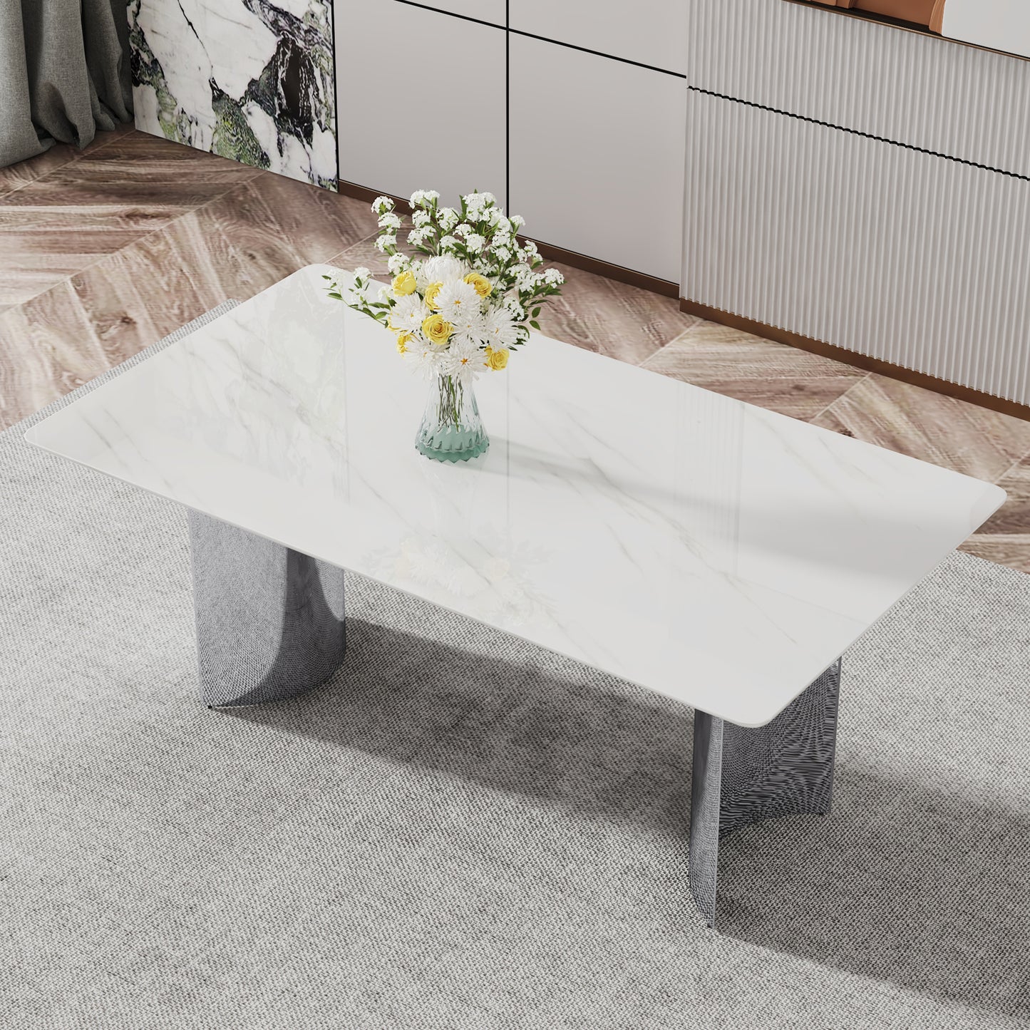 Modern Minimalist Dining Table. The White Imitation Marble Glass Desktop Is Equipped With Silver Metal Legs. Suitable For Restaurants And Living Rooms  71inx39.3inx29.5in DT-69.W1151S00386
