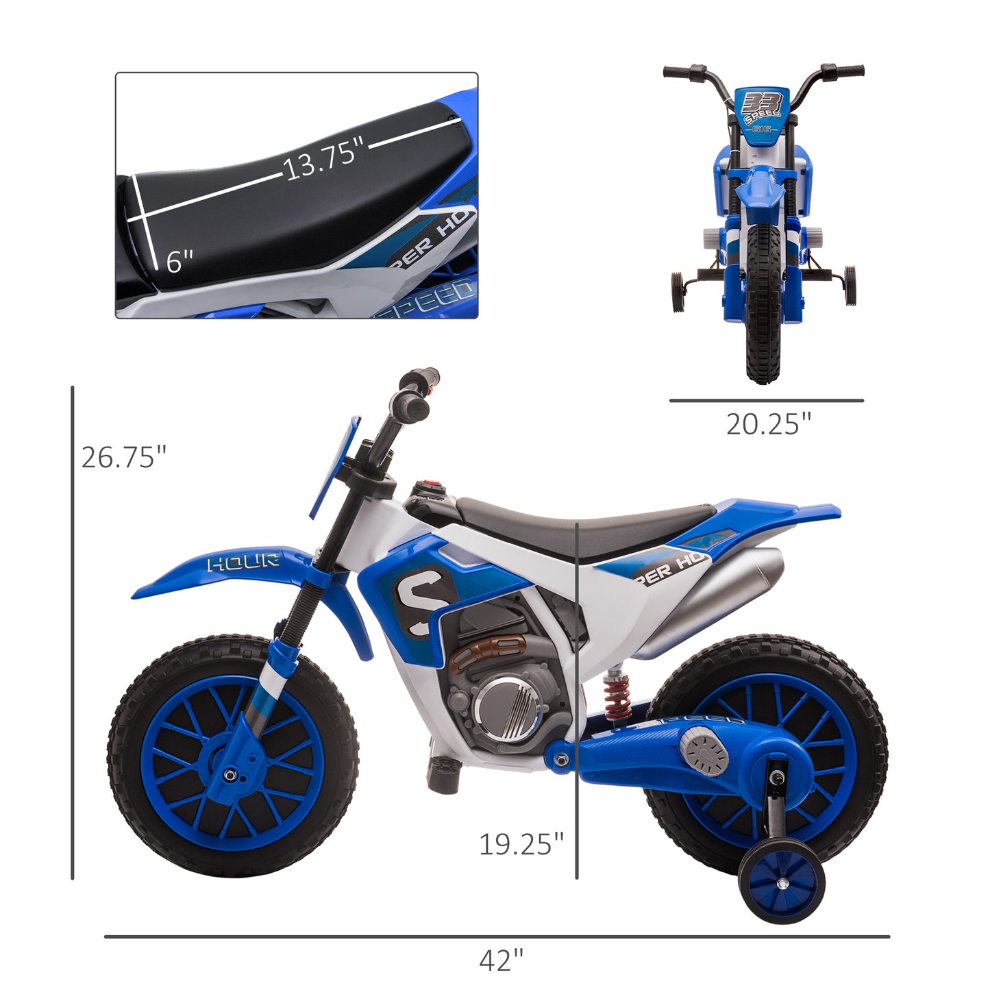 12V Kids Motorcycle W/ Treaded Tires, 5mph Top Speed Electric Bike For Kids, Ride On Motorcycle W/ Training Wheels, Battery Charger, Spring Suspension, Blue