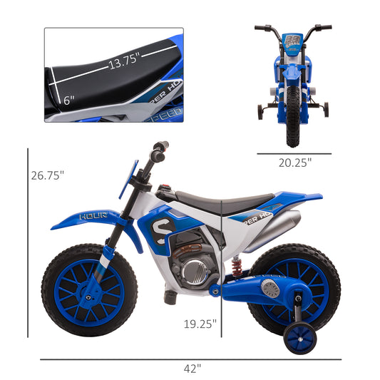 12V Kids Motorcycle W/ Treaded Tires, 5mph Top Speed Electric Bike For Kids, Ride On Motorcycle W/ Training Wheels, Battery Charger, Spring Suspension, Blue
