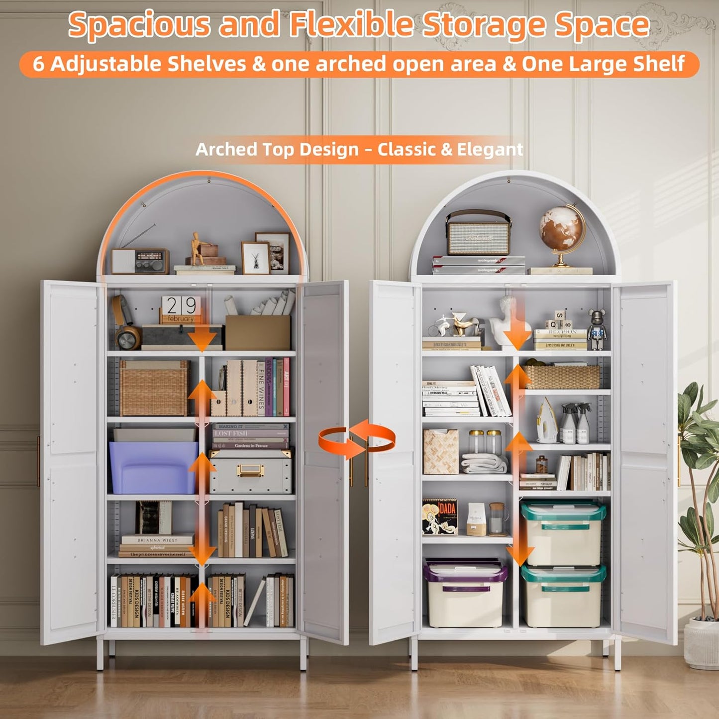 Tall Kitchen Pantry Cabinet, Arched Storage Cabinet With Doors And Adjustable Shelves, White Freestanding Cupboard For Laundry, Dining Room, Living Room, Bathroom