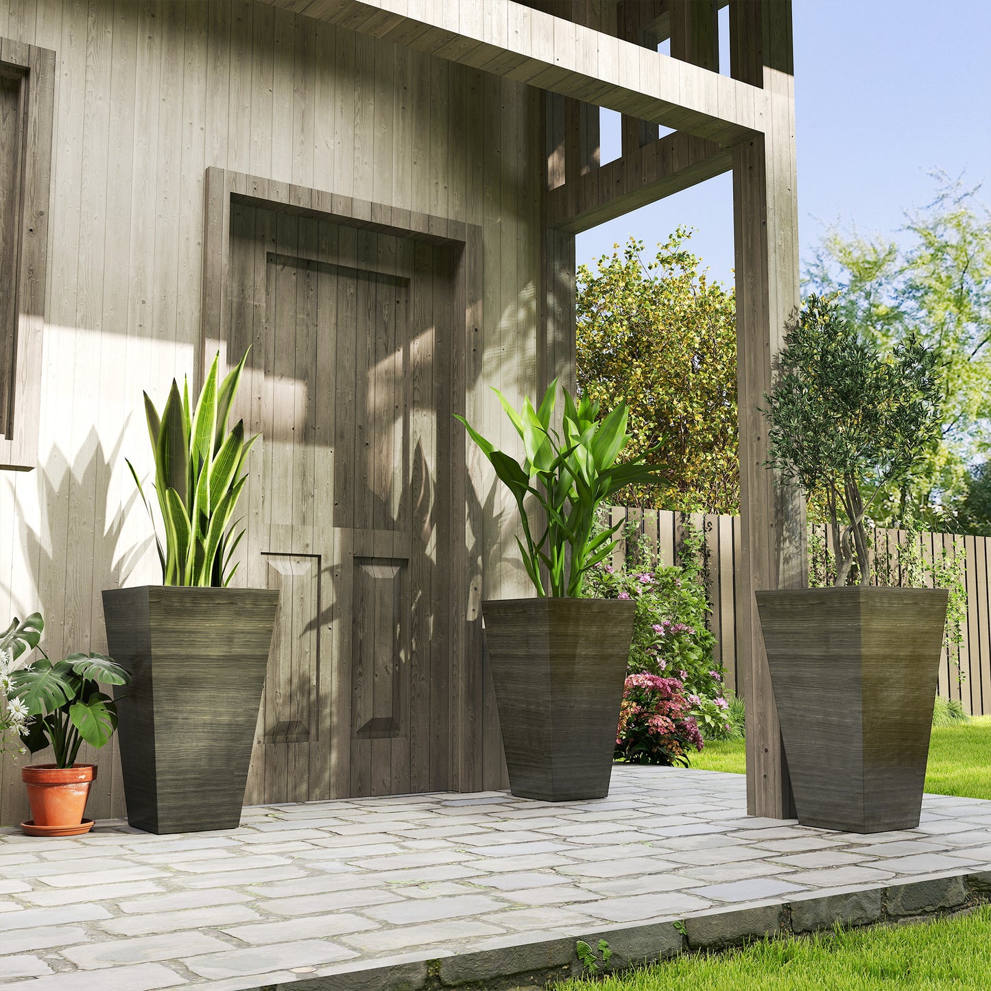 Set Of 3 Tall Planters, 28" Outdoor Planter W/ Drainage Holes, Faux Wood Plastic Flower Pots, Dark Brown