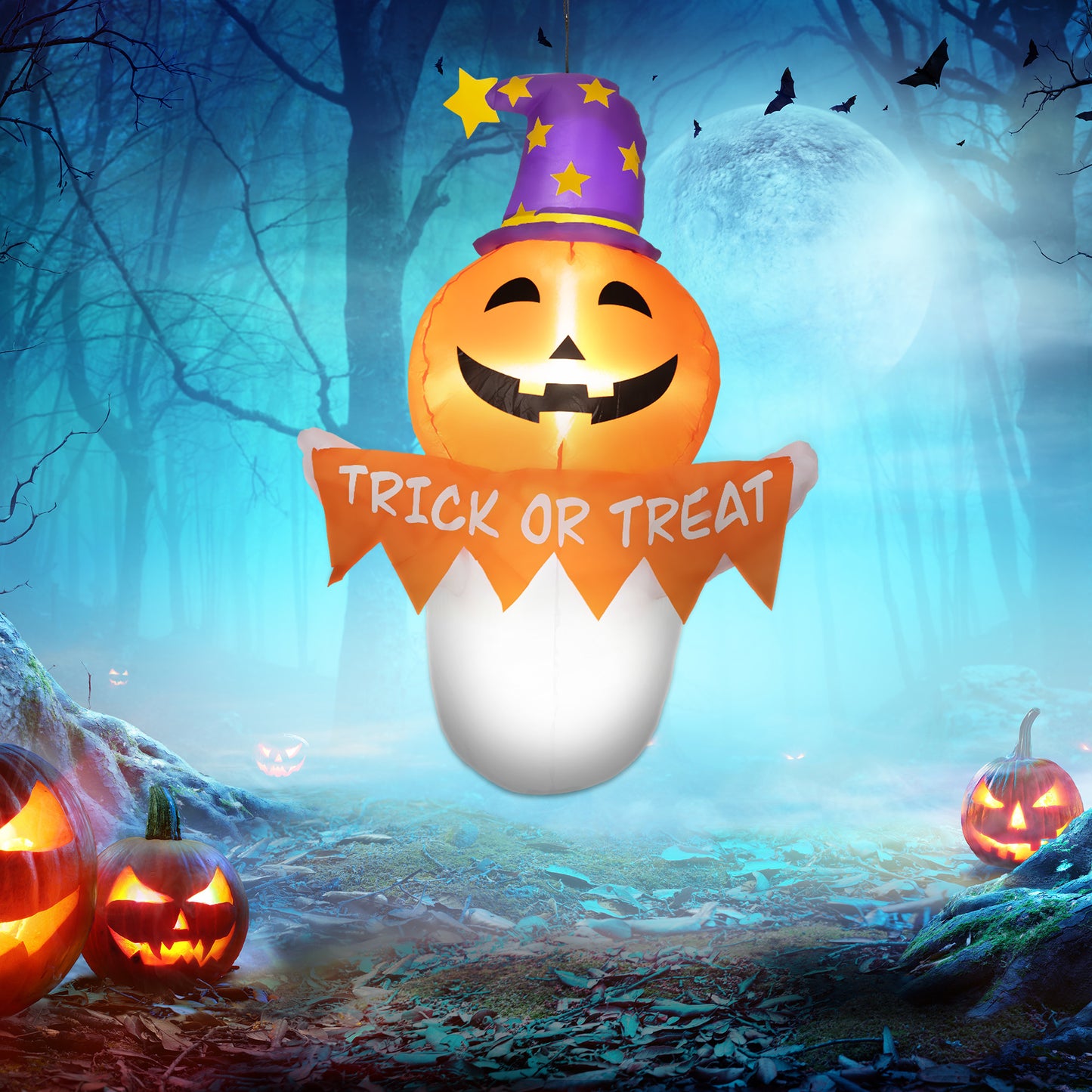 3.4ft Inflatable Halloween Window Sticker Ghost With Orange Face, Blow Up LED  Display For Garden Indoor Outdoor