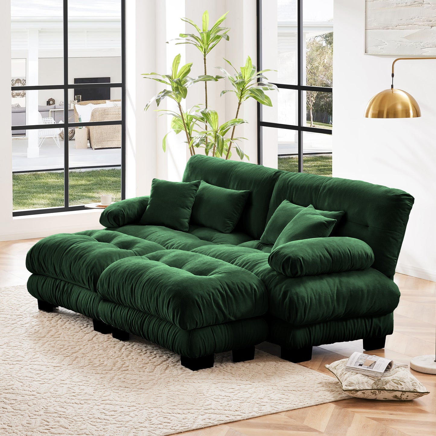 Cloud Couch Sleeper Sofa For Living Room, Chenille 2 Seater Sofa With 2 Lumbar Pillows And 2 Throw Pillows , Upholstered Wide Arm Sofa With 2 Ottomans,Chenille Green