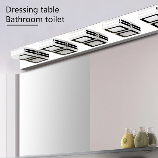32in  Modern Chrome 5-Light LED Vanity Light, Square Acrylic Lampshades Wall Mount Fixture For Bathroom, Mirror Lighting