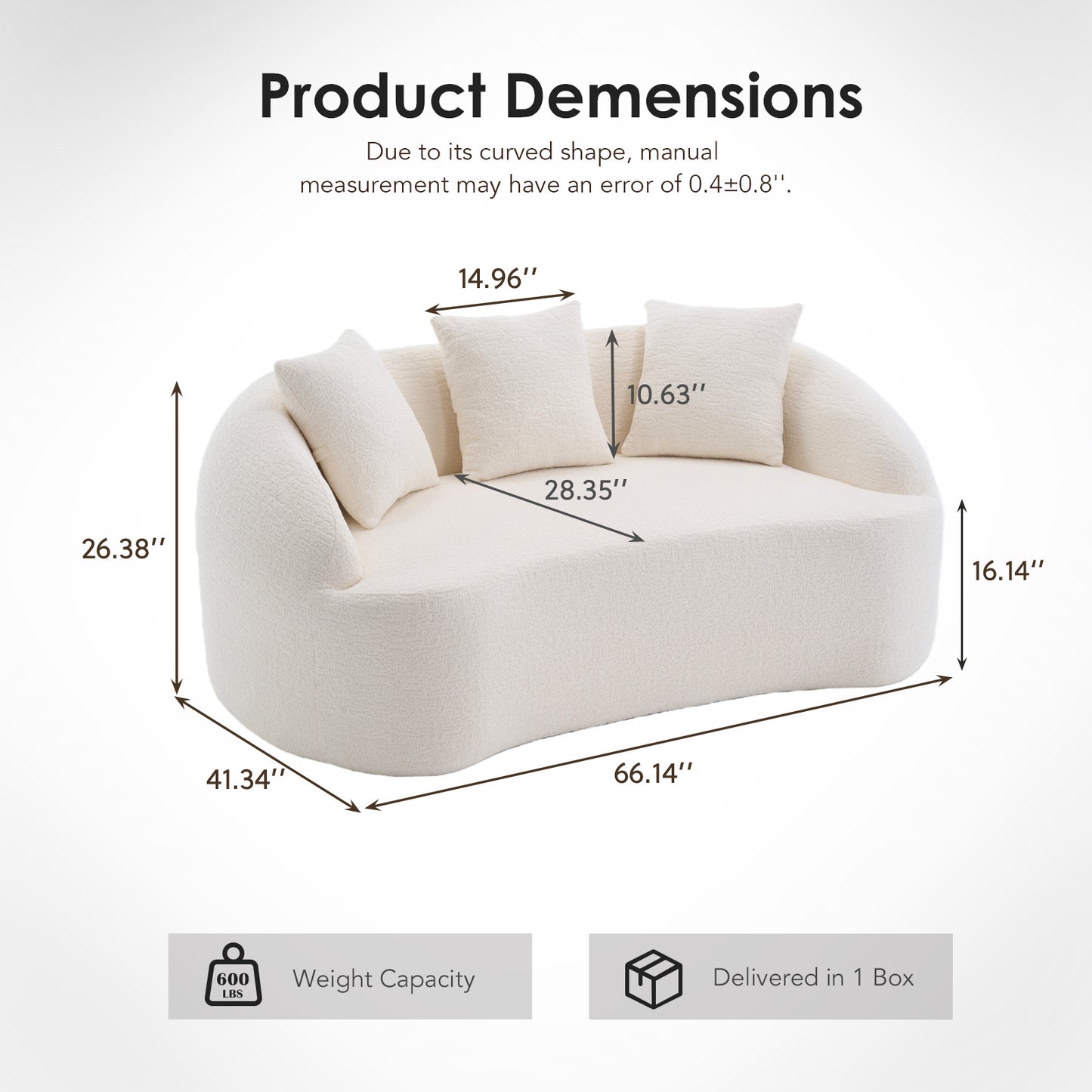 LY-049S Curved Modern Boneless Sofa Loveseat  Backrest Upgrade  2-Seater Off-White Chenille Compression Couch With 3 Pillows  Minimalist Modular Couches For Living Room  Office  Apartment  Guest Room