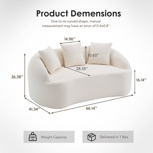 LY-049S Curved Modern Boneless Sofa Loveseat  Backrest Upgrade  2-Seater Off-White Chenille Compression Couch With 3 Pillows  Minimalist Modular Couches For Living Room  Office  Apartment  Guest Room
