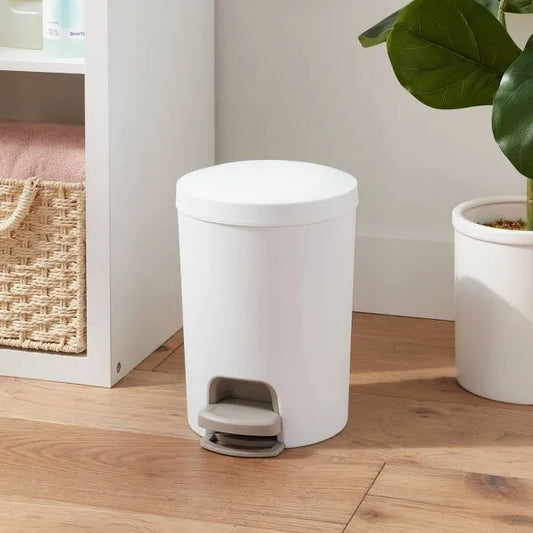 1.6 Gallon Round Step Trash Can, Compact Pedal-Operated Lid, Small Bathroom Bin, Textured White Finish