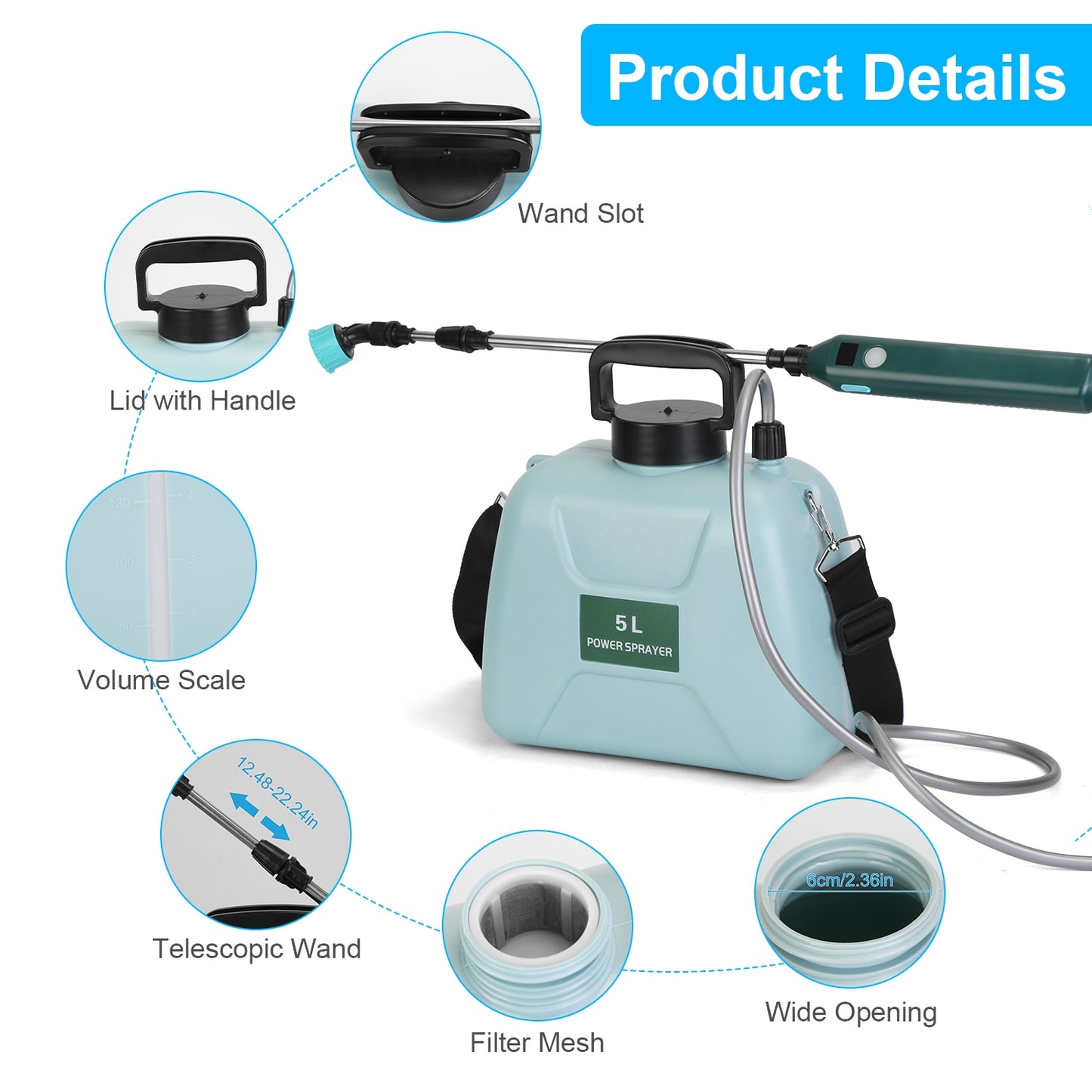 5L 1.32Gallon Battery Operated Water Sprayer Portable Garden Sprayer Electric Sprayer With Rechargeable Handle Telescopic Wand 3 Spray Nozzles Shoulder Strap For Lawn Garden